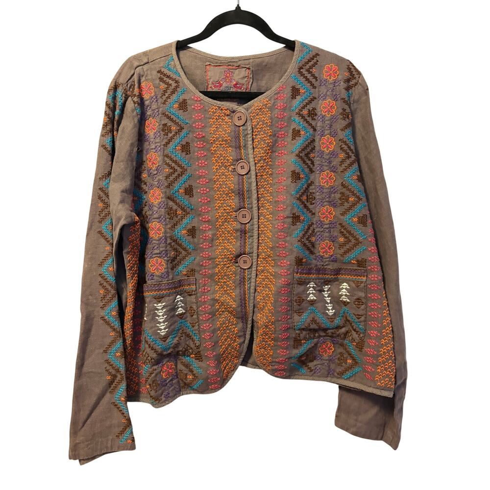 Johnny Was Linen Embroidered Floral Cardigan Gray Crew Neck Long Sleeve Sz XL